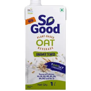 So Good Plant Based Oat Beverage Unsweetened 1 L | Lactose Free | No Added Sugar |Gluten Free | No Preservatives | Zero Cholesterol | Dairy Free| Source of Calcium & Vitamins