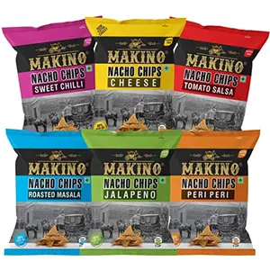 Makino - Nacho Chips Roasted Masala Peri Peri Cheese Jalapeno Sweet Chilli Salsa Flavour of 60 Gram | Tortilla | Healthy | Tasty Savoury Snack | Delicious Nacho Chips | Low Calorie - Pack of 6