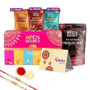 Open Secret Rakhi Gift Hamper with Chocolate Cookies | Assorted Chocolate Cookies Biscuits Dark Chocolate Nuts Combo Set - Cashew Almond Rakhi Card Roli Chawal Rakhi Pack of 2 | Premium Dry-Fruits Healthy Snacks Hamper For Brother Sister | Gift Box for Ra