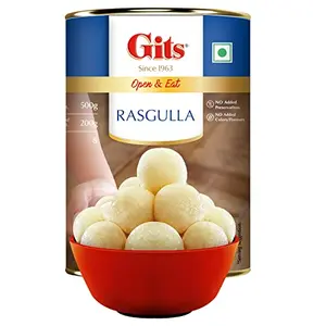 Gits Open & Eat Rasgulla Tin 8 Pieces per Can Mouth-Watering Indian Mithai 500gm
