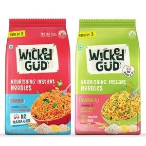WickedGud Curry (201gm) & Masala (207gm) Nourishing Instant Noodles | No Maida | No Oil | No MSG | High Protein | High Fibre | Cholesterol Free