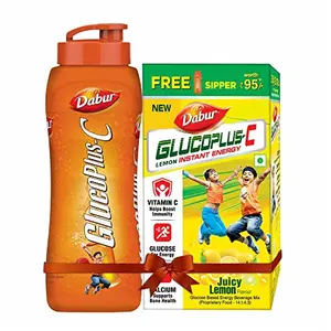 Dabur GlucoPlus-C Instant Energy Glucose Lemon Flavour - 500g (with Sipper Free) | Glucose Replenishes Energy | 25% more Glucose in every sip| Vitamin C helps Boosts Immunity | Calcium Supports Bone Health