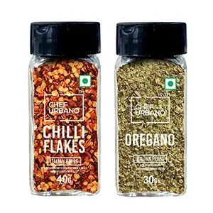 Chef Urbano Combo of Oregano 30g & Chilli flakes 40g Sprinkler | Combo (Pack of 2) | Italian Herbs | Pizza and Pasta Seasoning | Premium Herbs and Spices | Flakes/Leaves | Glass Bottle Sprinkler