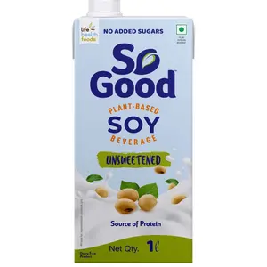 So Good Plant Based Soy Beverage Unsweetened 1 L | Lactose Free | No Added Sugar | Gluten Free | No Preservatives | Zero Cholesterol | Dairy Free |Non GMO Soybean