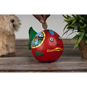 Karru Krafft Potchitra Painted Clay Piggy Bank for Money and Coins |Terracotta Coin Bank| Mitti ka Gullak| Terracotta Clay Gullak/Terracotta Money Bank - Gift Items for Kids & Adults (Red)