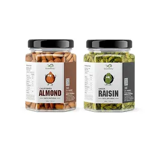 GreenFinity Fresh Almond & Green Raisin Combo Pack 200gm + 200gm | Kishmish/Draksha Badam (Pack of 2) 400gm