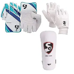 SG Combo of Three one Pair of 'Club' Cricket Wicket Keeping Gloves and one Pair of 'League' Inner Gloves (Men's) with SG Test Elbow Pad Cricket Kit