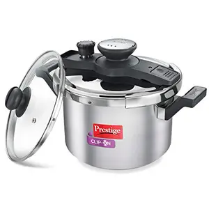 Prestige Clip-On Stainless Steel Pressure Cooker Cook and Serve Pot with Extra Glass Lid Large 5 Liters
