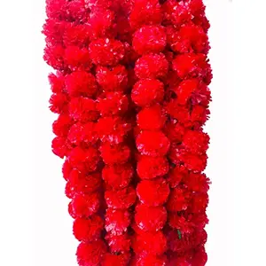 The Phool Mala Artificial Fluffy Flowers Phool Mala Garlands Genda Phool for Home Decoration Pack of 5 (Red)