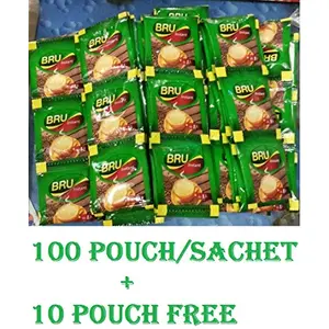 100 + 10 Packets Free Bru Instant Coffee Pouch - Makes 110 Cups Great Coffee Great Start From Bru