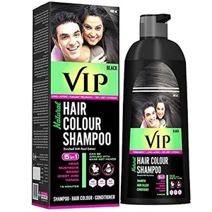 VIP 5 in 1 Hair Color Shampoo (400ml Bottle + 2 Sachets) (black) For Hairs Mustache Beard Chest & hands Ammonia Free Instant Hair Colour Can be Applied with Bare Wet hands