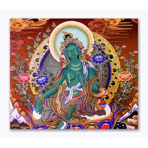 THANGKA PAINTING Thangka Canvas Painting for Home Living Room Hall Bedroom | Green Tara Goddess Traditional Painting for Home Decor | Size-13X11 Inches