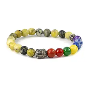 Crystu Natural Serpentine Bracelet 7 Chakra with Buddha Head Crystal Stone Bracelet for Reiki Healing and Crystal Healing Stones (Color : Multi)