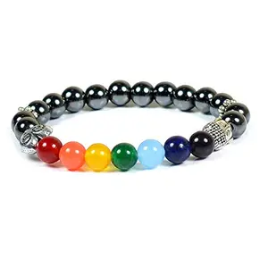 Crystu Natural Hematite Bracelet 7 Chakra with Buddha Head Crystal Stone Bracelet for Reiki Healing and Crystal Healing Stones (Color : Multi)