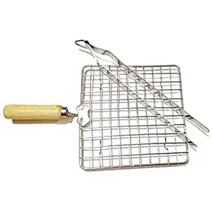 Tuelip Stainless Steel Wire Roaster & Tong Papad Jali Wooden Handle Roasting pan