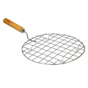 Stainless Steel Round Roti Grill Papad Grill Roti Jali Chapathi Grill with Wooden Handle Round Roasting Net for Kitchenware Use Baking