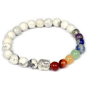 Crystu Natural Howlite Bracelet 7 Chakra with Buddha Head Crystal Stone Bracelet for Reiki Healing and Crystal Healing Stones (Color : Multi)