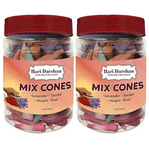 Hari Darshan Dry Dhoop Cones Mix - 240 Cones | Lavender | Rose | Sandal | Mogra | Pack of 2- 120 Cones Each Jar