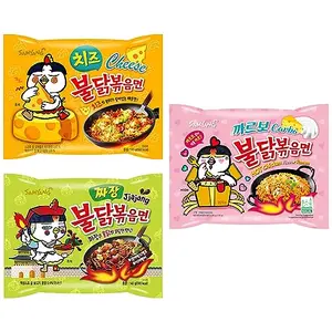 BENGAL BOX Samyang Buldak Chicken Stir Fried Ramen Korean Hot Spicy Ramen 3 Flavor Variety Combo Pack - Carbonara Cheese Jjajang