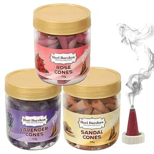Hari Darshan Multi Fragrance Jar Cones- Lavender | Sandal | Rose - Pack of 3 Jar