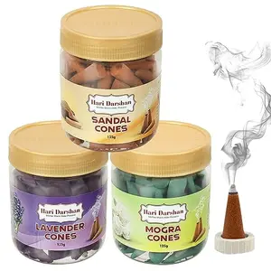 Hari Darshan Dhoop Cones Jar- Lavender Sandal Mogra (Pack of 3 X 125g Approx. 75 Cones Each)