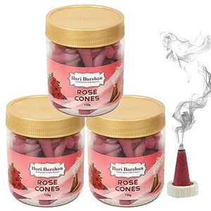 Hari Darshan Rose Dhoop Cones - Pack of 3-125g Each | Organic Dry Dhoop Long Lasting Fragrance for Daily Pooja Meditation and Yoga | Non-Charcoal & Bamboo Less Dhoop Cones