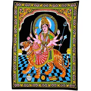 Gangesindia Maa Durga Sherawali Cotton Painting Sequin Work Tapestry