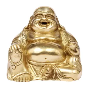BUDDHA TIBETAN RELIGIOUS GOODS Brass Feng Shui Happy Man Laughing Buddha Sitting and Holding Ingot Statue for Attracting Money Wealth Prosperity Financial Luck.