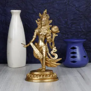 BUDDHA TIBETAN RELIGIOUS GOODS Brass Goddess Tara Standing on Beautiful Pedestal Health Happiness Wealth Height 9 Inches