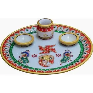 RAJASTHANI MARBLE HANDICRAFTS Lord Ganesha with Peacock Marble Pooja & Thali Set (4 Pieces Multicolor)