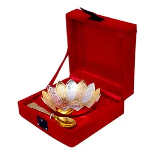 RAJASTHANI METAL HANDICRAFTSGerman Silver Brass Floral Single Bowl with Single Spoon with Beautiful Velvet Box Packing for Dry Fruit Chocolate Sweet HomeDecor
