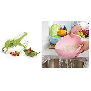 RAJASTHANI PUPPETS Multipurpose 2 in 1 Veg Cutter Cum Peeler Hand Cutter for Vegetable and Rice Washing Bowl Combo (Multi-Colour)