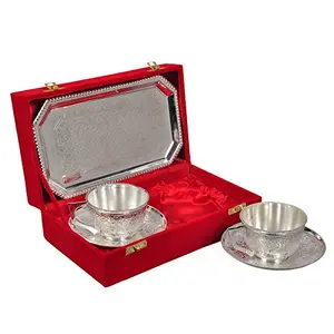 RAJASTHANI METAL HANDICRAFTSSilver Plated Decorative Tea/Coffee Cup with Tray Set for Home and Decorative Purpose with Velvet Box- (Set of 5 Pcs- 2 Cups 2 Saucer and 1 Tray)