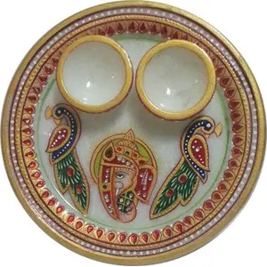 RAJASTHANI MARBLE HANDICRAFTS Ganesha with Peacock Marble Pooja & Thali Set