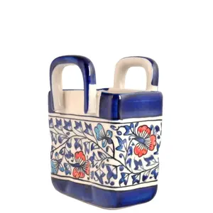 Ceramic Cutlery & Utensil Holder for Dining Table - Kitchen Items Organizer | Hand Painted in 3 Colors Blue Pottery