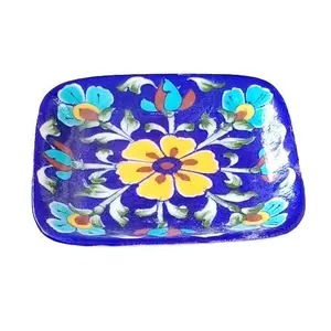 JAIPUR BLUE POTTERY Ceramic Quartz Designer Handmade Pasta/Burger/Maggi Plate 5 Inch (12 cm x 12 cm x 3 cm)