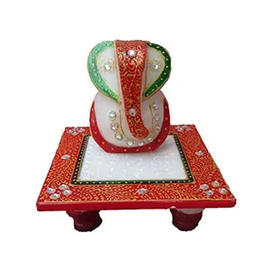 RAJASTHANI MARBLE HANDICRAFTS Lord Ganesha on Floral Chowki (4 in Red and Green)