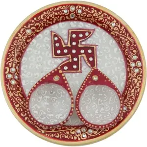 RAJASTHANI MARBLE HANDICRAFTS Decorative Kundan Studded Swastika Marble Pooja & Thali Set (3 Pieces Multicolor)