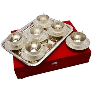 RAJASTHANI METAL HANDICRAFTSSilver Plated Unique Gifting Tea Cup and Saucer with Velvet Box-(6 Cups 6 Saucer and 1 Tray)