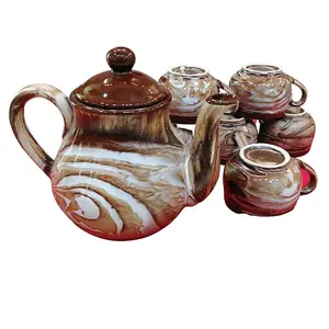 JAIPUR BLUE POTTERY Ceramic Tea Set Kettle (Tea Pot) with 6 Cups Set Each Cup 150 ML Brown | Handmade | Microwave Safe