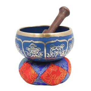 TIBETAN RITUAL CURTAIN Gorgeous Meditation 8 Lucky Symbols Singing Bowl / Cushion / Mallet (Blue)