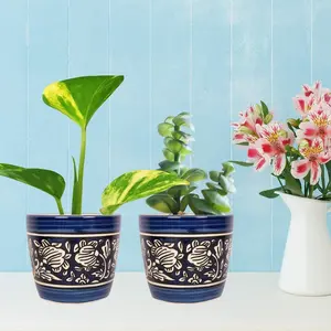 JAIPUR BLUE POTTERY gamla for Plants | Ceramic pots for Plants | Flower pots for Home Decoration | planters for Living Room | Blue Pottery Ceramic Flower pots Set of 2