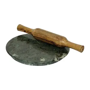 RAJASTHANI PUPPETS Marble Chakla/Rolling Pin Board/Roti Phulka Chapati Maker/Belan/Rolling Pin for Kitchen (Combo of Green Chakla 10 Inch & Wood Belan)