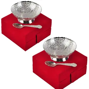 RAJASTHANI METAL HANDICRAFTSGerman Silver Brass Floral Two Bowl with Two Spoon with Beautiful 2 Velvet Box Packing for Dry Fruit Chocolate Sweet HomeDecor