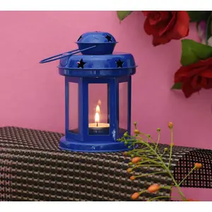 RAJASTHANI METAL HANDICRAFTSDecorative Iron Lantern with Tea Light Candle for Lightening and Home and Office Use (6x3.7x3.7 Inch-Blue)