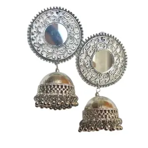 TIBETAN JEWELLERY Mirror Jhumka Earring with Ghunghroo Traditional Oxidised Metal Earrings for Women Afghan Earrings Big Earrings Brass Jewelry for Women Earrings for Ladies Tribal Earring Diwali Jewellery