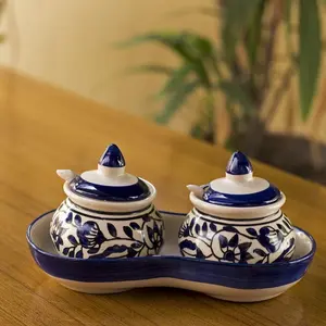 JAIPUR BLUE POTTERY Ceramic pickle serving jars set of 2 with tray & Spoons for dinning table | hand painted blue pottery