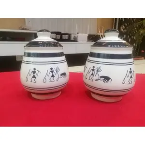JAIPUR BLUE POTTERY Pickle jars set of 2 with lids Multipurpose Jars with Lid White in Handmade Ceramic Blue Pottery Ideal for (Pickle Chutney Curd dahi Spices Sugar storage etc) White