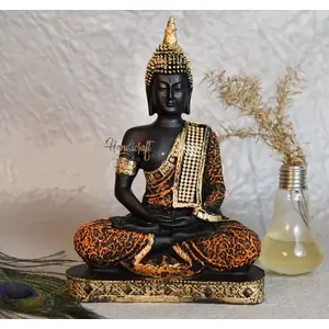 RAJASTHANI METAL HANDICRAFTSRAJASTHANI METAL HANDICRAFTS Polyresin Antique Handcrafted Sitting Lord Buddha Idol Statue Decorative Showpiece (Black & Orange Medium Made in India) (Pack of 1)