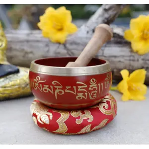 TIBETAN RITUAL CURTAIN Tibetan Meditation Om Mani Singing Bowl / Cushion / Mallet (Red)